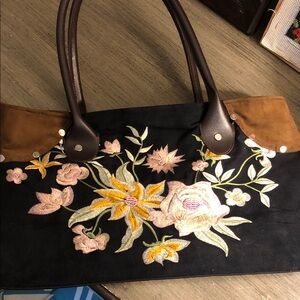 Floral Embroidered Black and Brown Purse Tote Bag